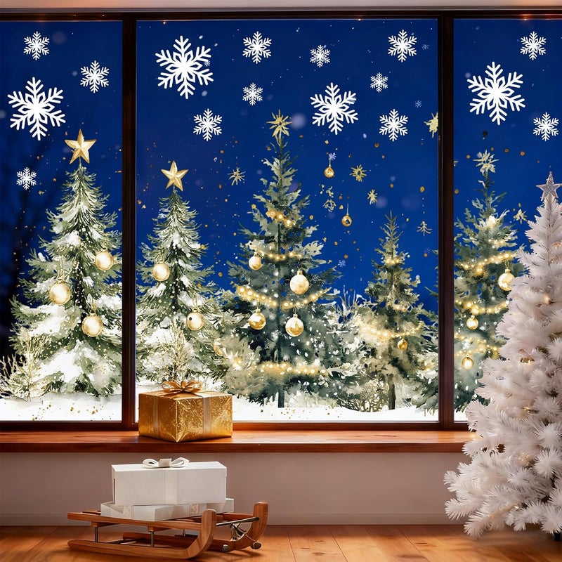 Whaline 9 Sheets Christmas Window Clings Window Decals Watercolor Xmas Tree Ball Winter Forest Reusable Anti-Collision PVC Stickers for Holiday Home Glass Mirror Decor - Image 1